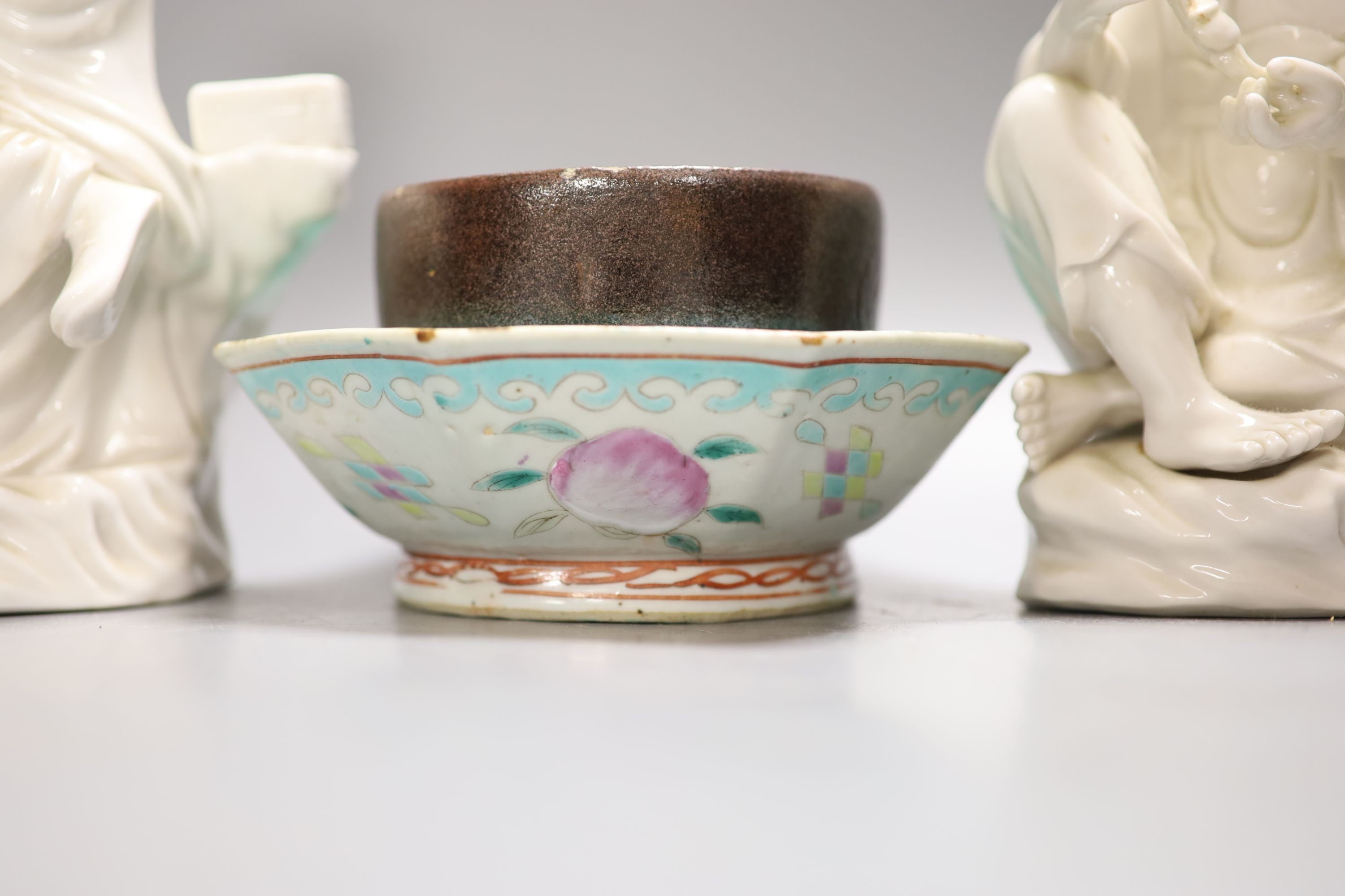 Two Chinese blanc de Chine figures, 26cm high and two other items